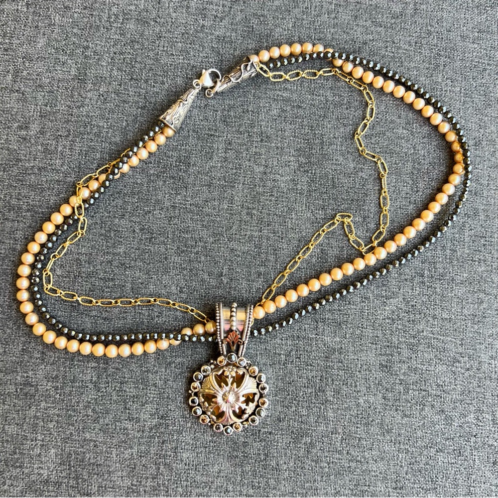 Mars And Valentine Pearls Bead Multi-Strand Necklace with Floral Gold Pendant - Picture 1 of 5